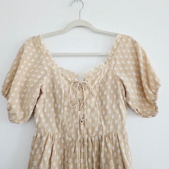 House of Harlow x Revolve Beige Polka Dot Off the Shoulder Mini Dress Sz Medium - Picture 4 of 10